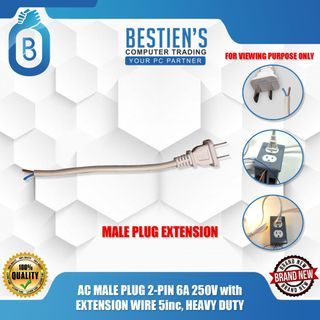 AC MALE PLUG 2-PIN 6A 250V with EXTENSION WIRE 5inc, HEAVY DUTY
