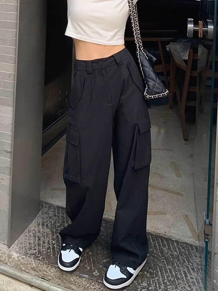 High Waist Stretch Cargo Pants Women Baggy, Multiple Pockets Relaxed Fit  Straight Wide Leg Pants