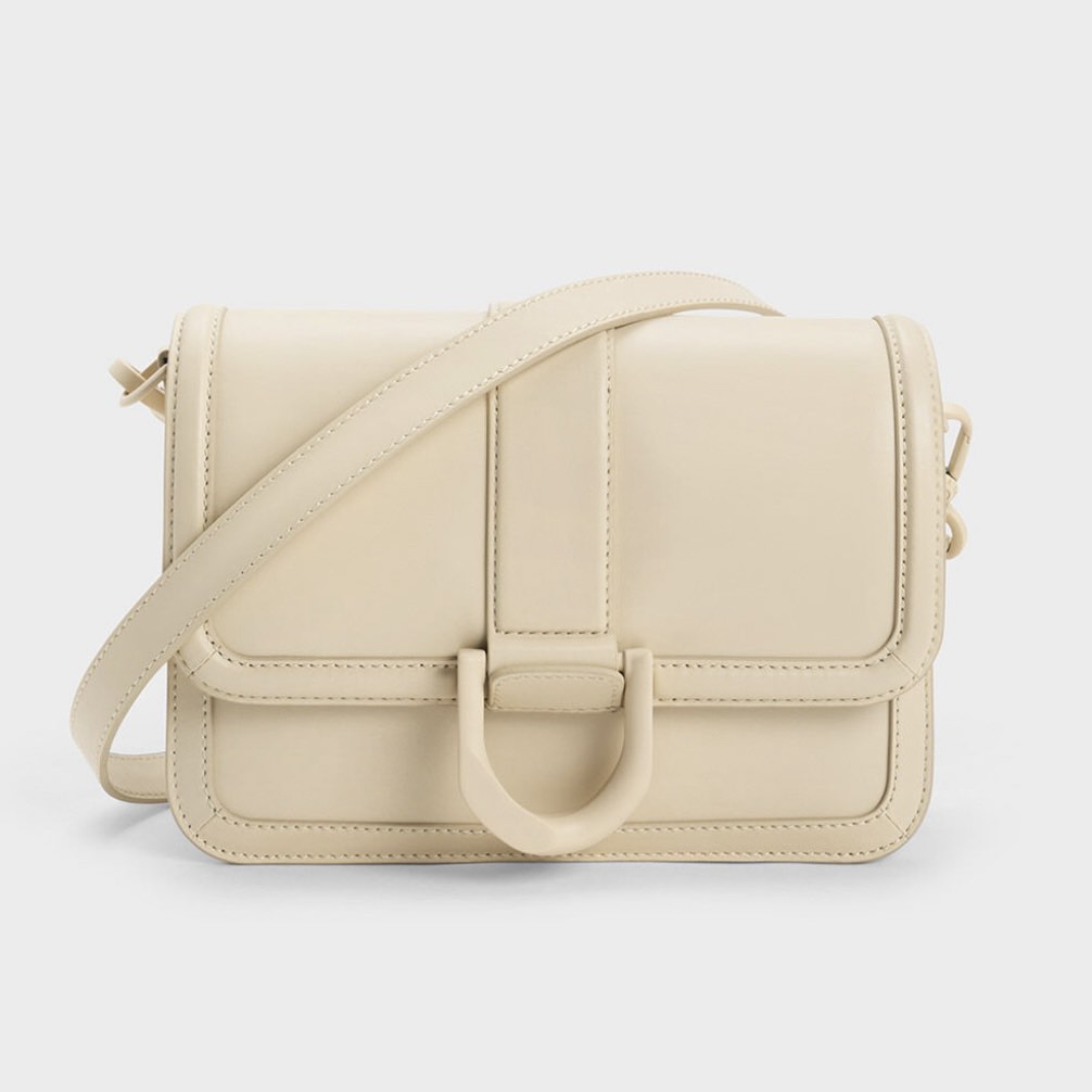 Charles and Keith Gabine Leather Crossbody Bag Chalk, Women's Fashion, Bags & Wallets