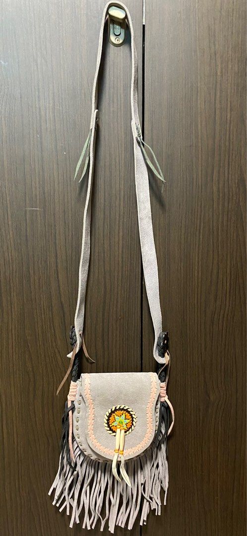 Handmade small leather sling bag with fringe Unique and Bohemian