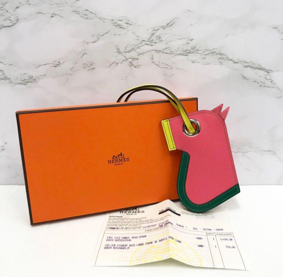 Hermes Rose Azalee/Lime/Malachite Epsom Leather Camail Bag Charm Key Holder