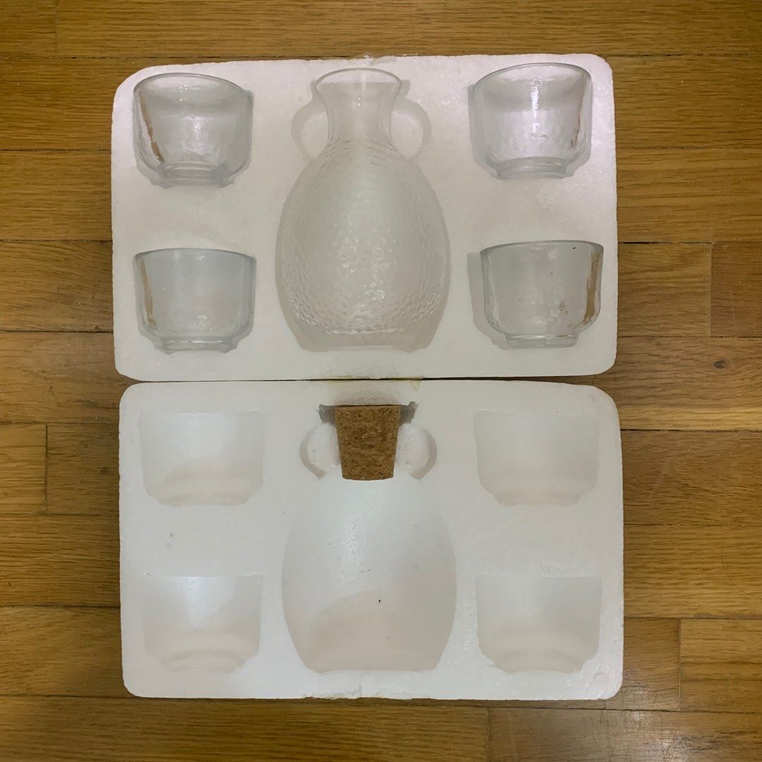 Japanese Crystal Sake flask set + 4 cups, Furniture & Home Living