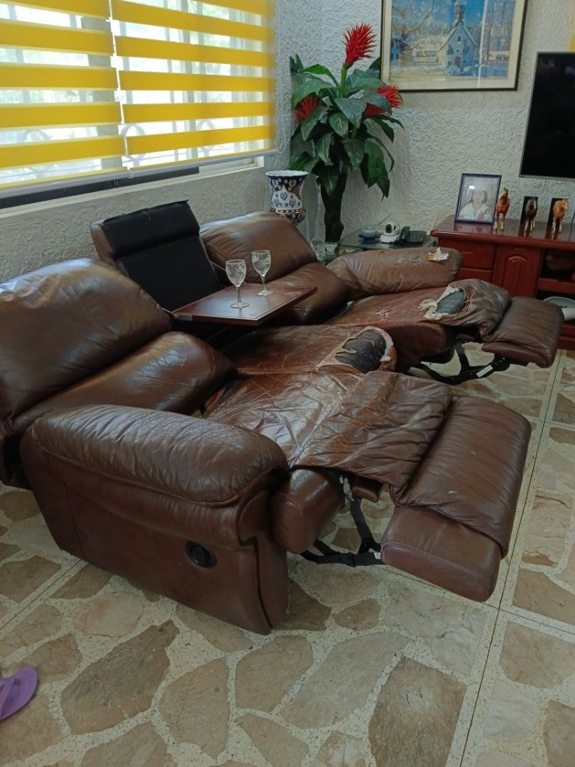 Leather Recliner Sofa Set ( NEEDS TO BE REUPHOLSTERED ), Furniture