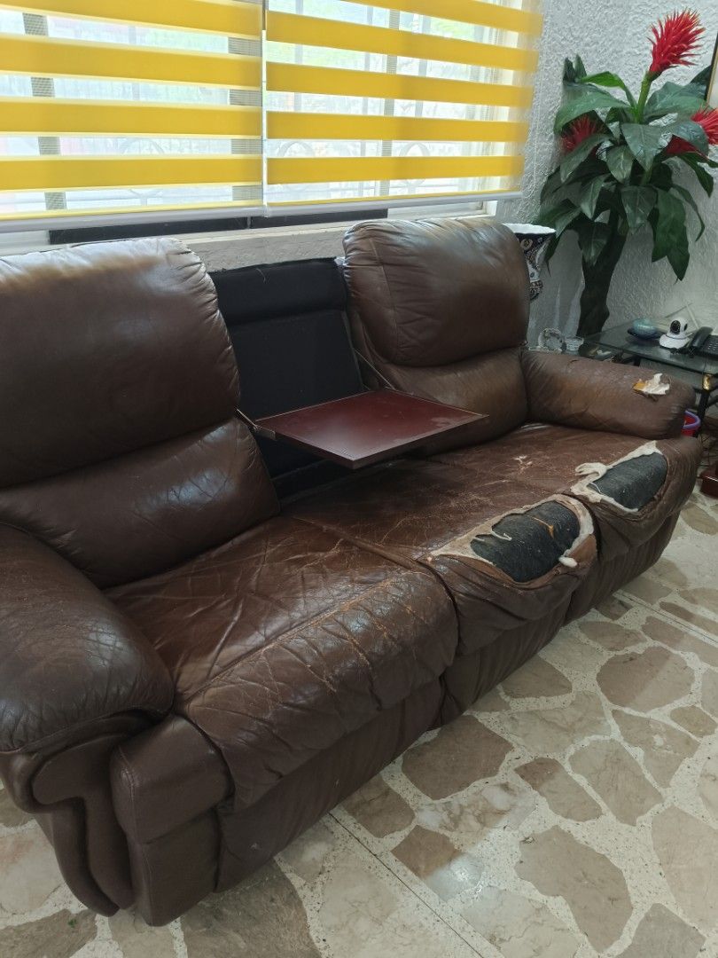 Leather Recliner Sofa Set ( NEEDS TO BE REUPHOLSTERED ), Furniture