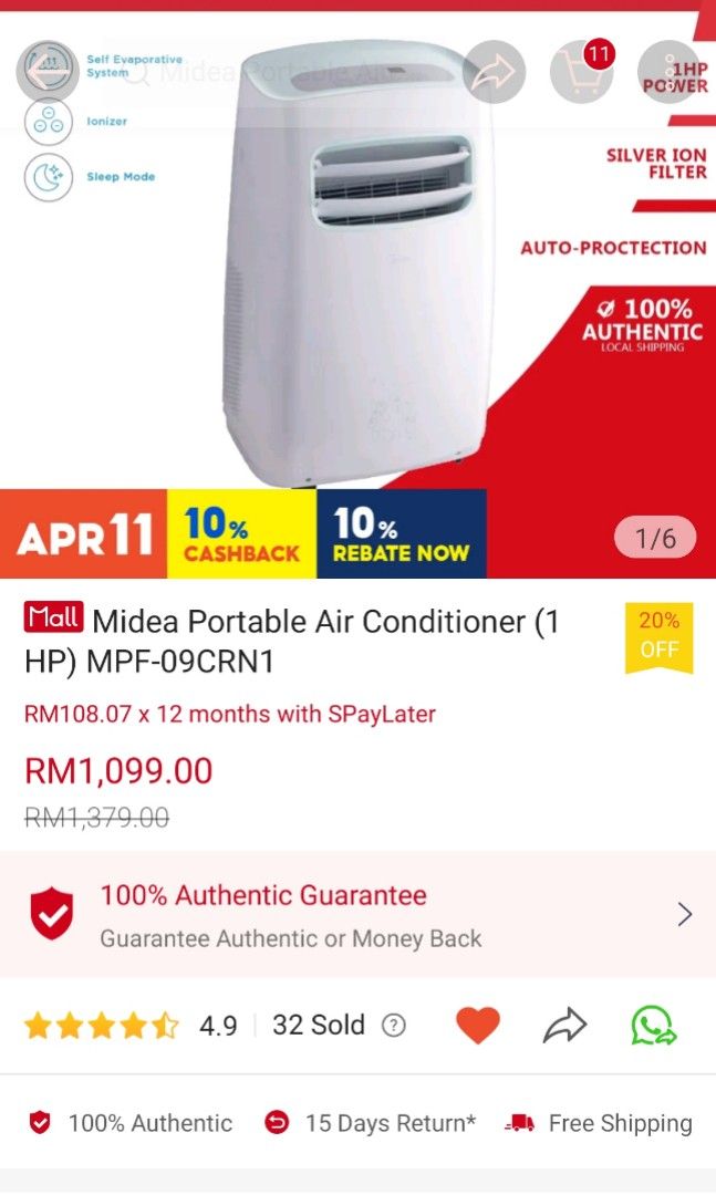 Midea Portable Air Conditioner 1.0 HP, TV & Home Appliances, Air