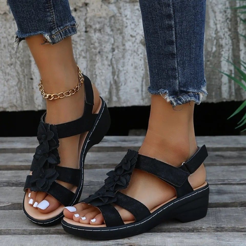 New Women Sandals Fashion Ladies Solid Peep Toe Hook Loop Wedge