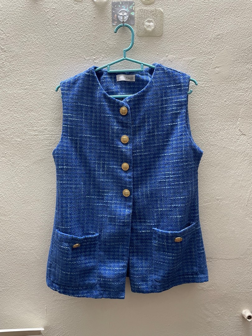Premium Tweed Gold Button Blazer Vest, Women's Fashion, Tops, Other Tops on Carousell