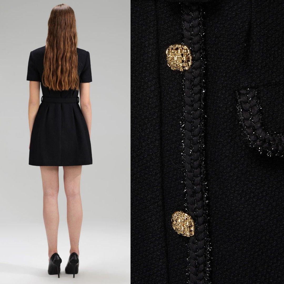 Self Portrait Black Textured Belted Embellished Woven Crepe Wool Mini Dress,  Women's Fashion, Dresses & Sets, Dresses on Carousell