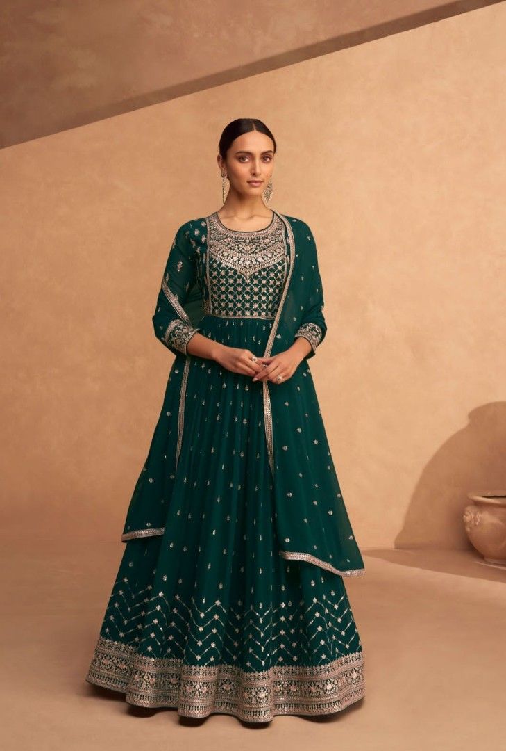 Partywear Georgette Long Anarkali Kurti with Dupatta Set with Heavy Embroidery Work Grand Collections Long Sleeve Model Muslimah Dress