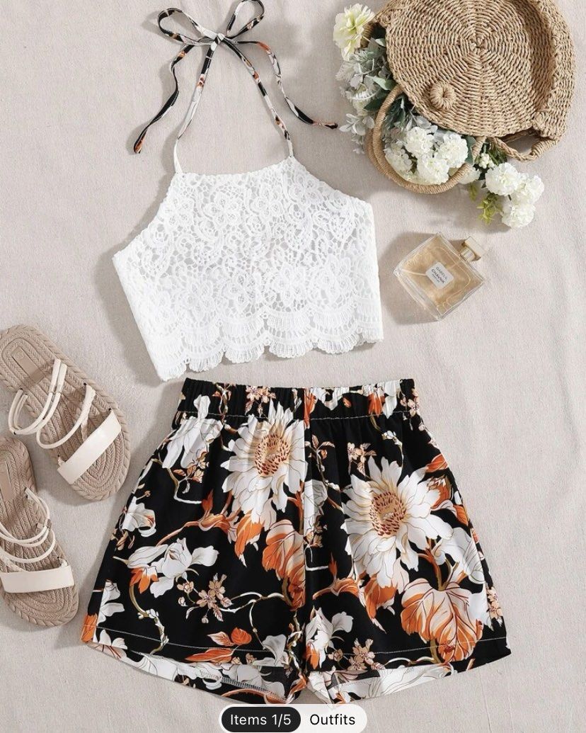 SHEIN Contrast Lace Scallop Backless Halter Top & Floral Print Shorts,  Women's Fashion, Dresses & Sets, Rompers on Carousell