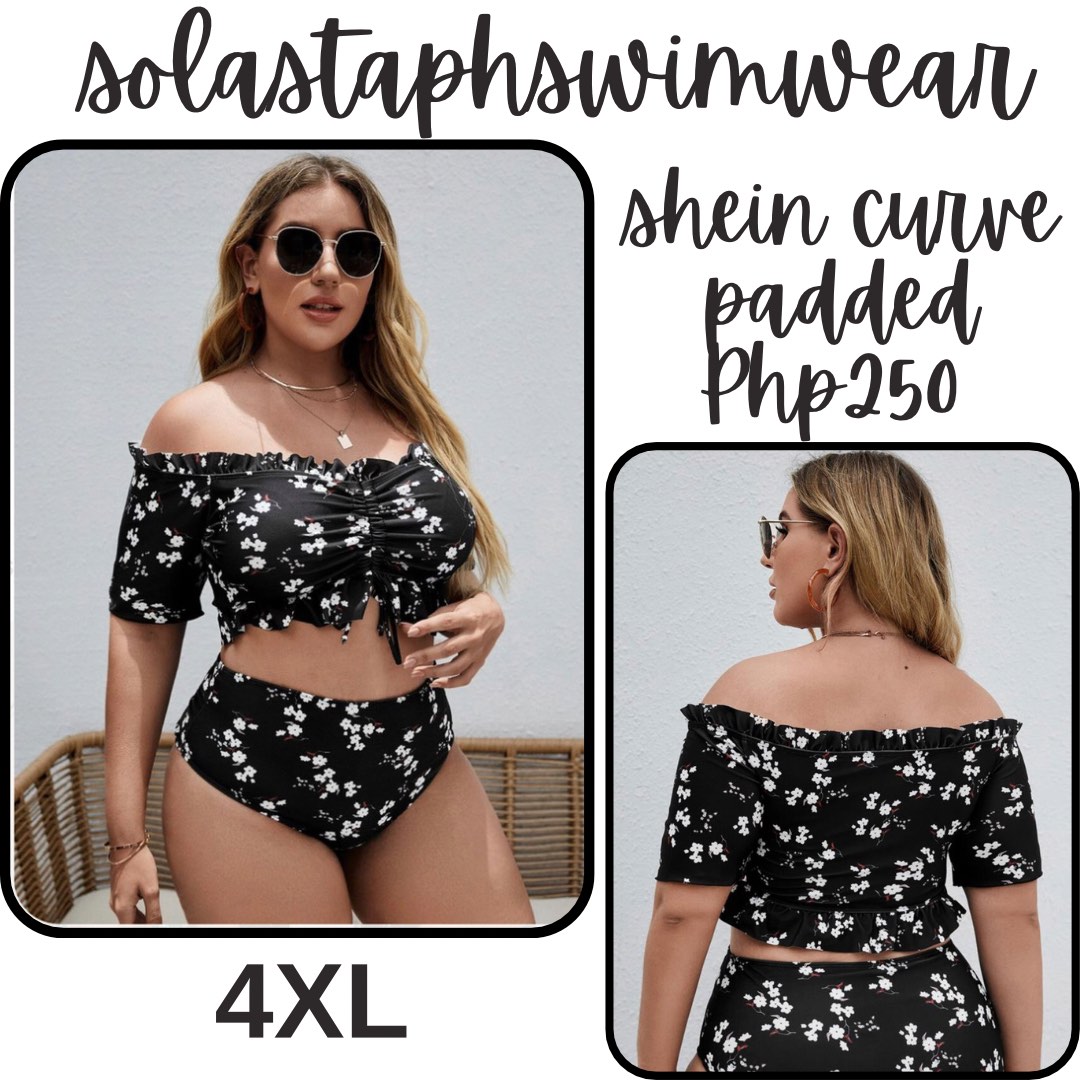 Shein Curve Plus Size Black Floral Off Shoulder Bikini, Women's Fashion