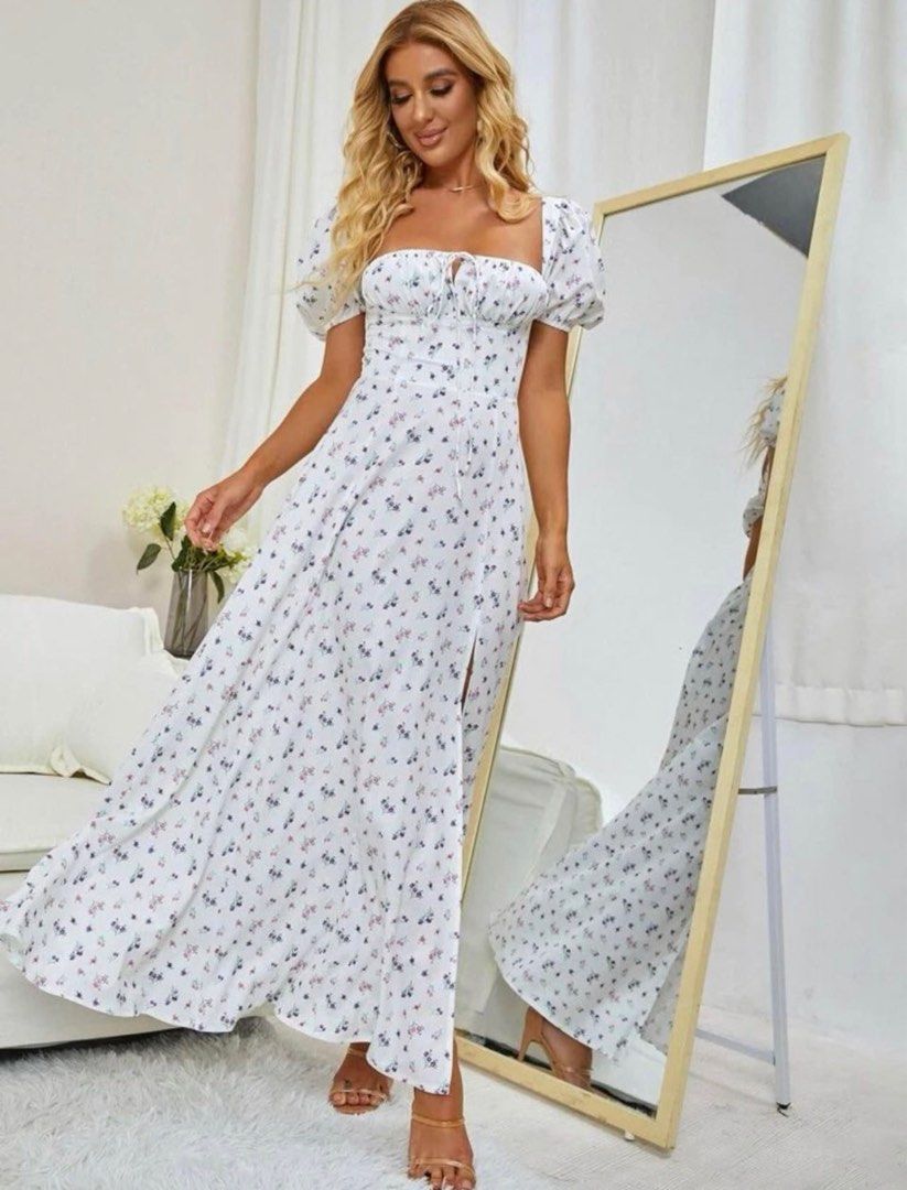 SHEIN Puff Sleeve High Split Floral Print Maxi Dress, Women's Fashion,  Dresses u0026 Sets, Dresses on Carousell