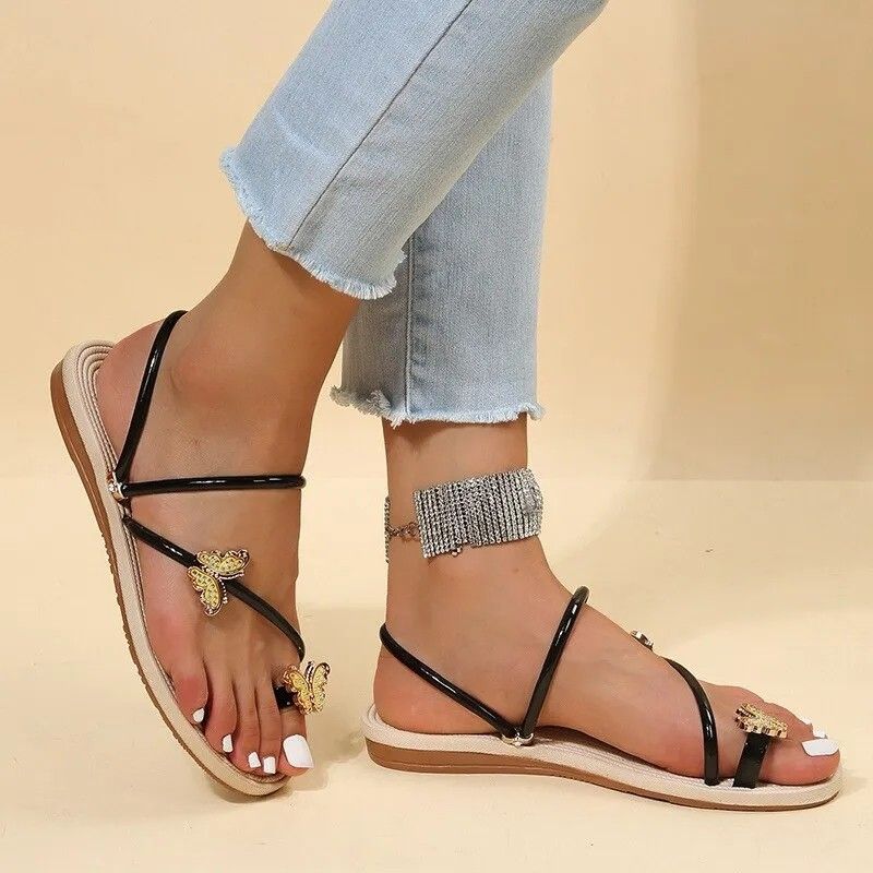 Slippers Women Set Toe Elastic Sandals Flat Strap Casual Sandals