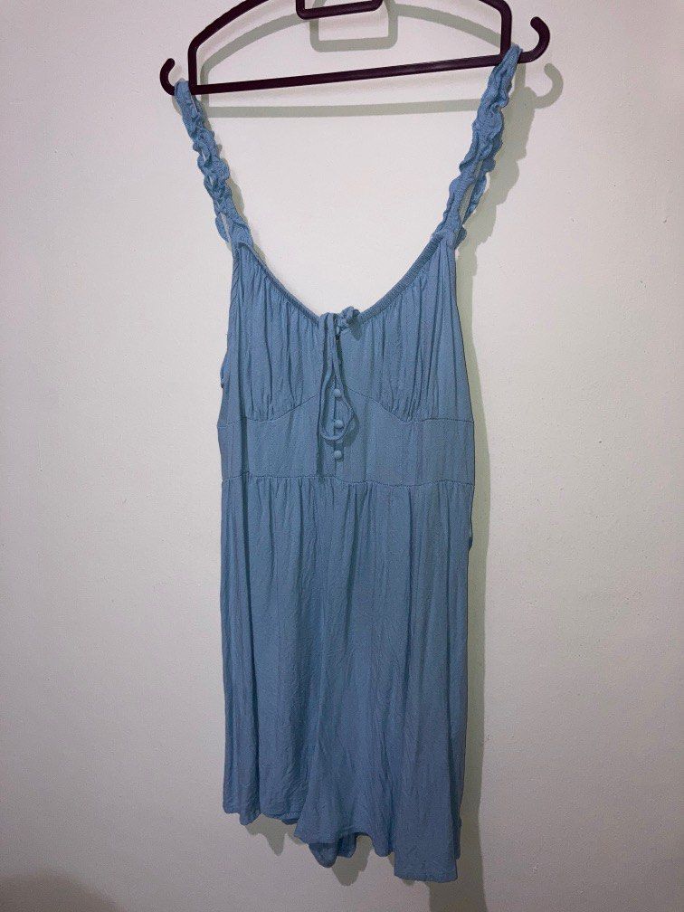 Smocked Ruffle Baby blue Romper, Women's Fashion, Dresses & Sets, Rompers on Carousell