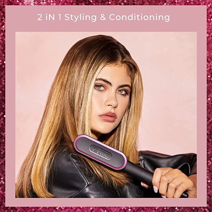 Tymo Ring Pink Hair Straightener Brush - Hair Straightening Iron with Built-in Comb, 20s Fast Heating & 5 Temp Settings & Anti-Scald, Perfect for