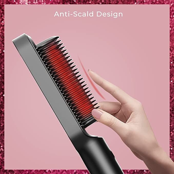 Tymo Ring Pink Hair Straightener Brush - Hair Straightening Iron with Built-in Comb, 20s Fast Heating & 5 Temp Settings & Anti-Scald, Perfect for