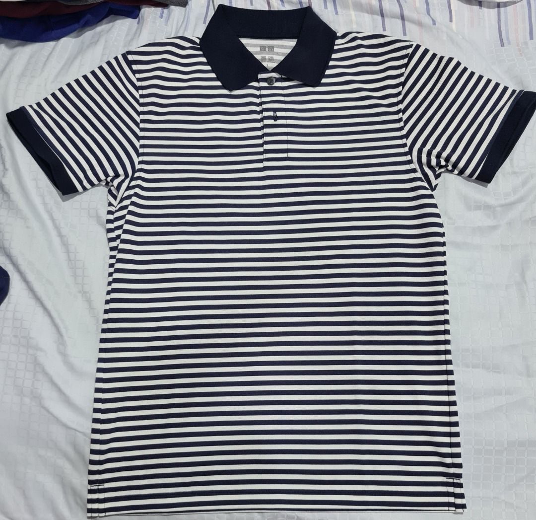 Uniqlo Black And White Striped Polo Shirt Mens UNIQLO Dark Blue