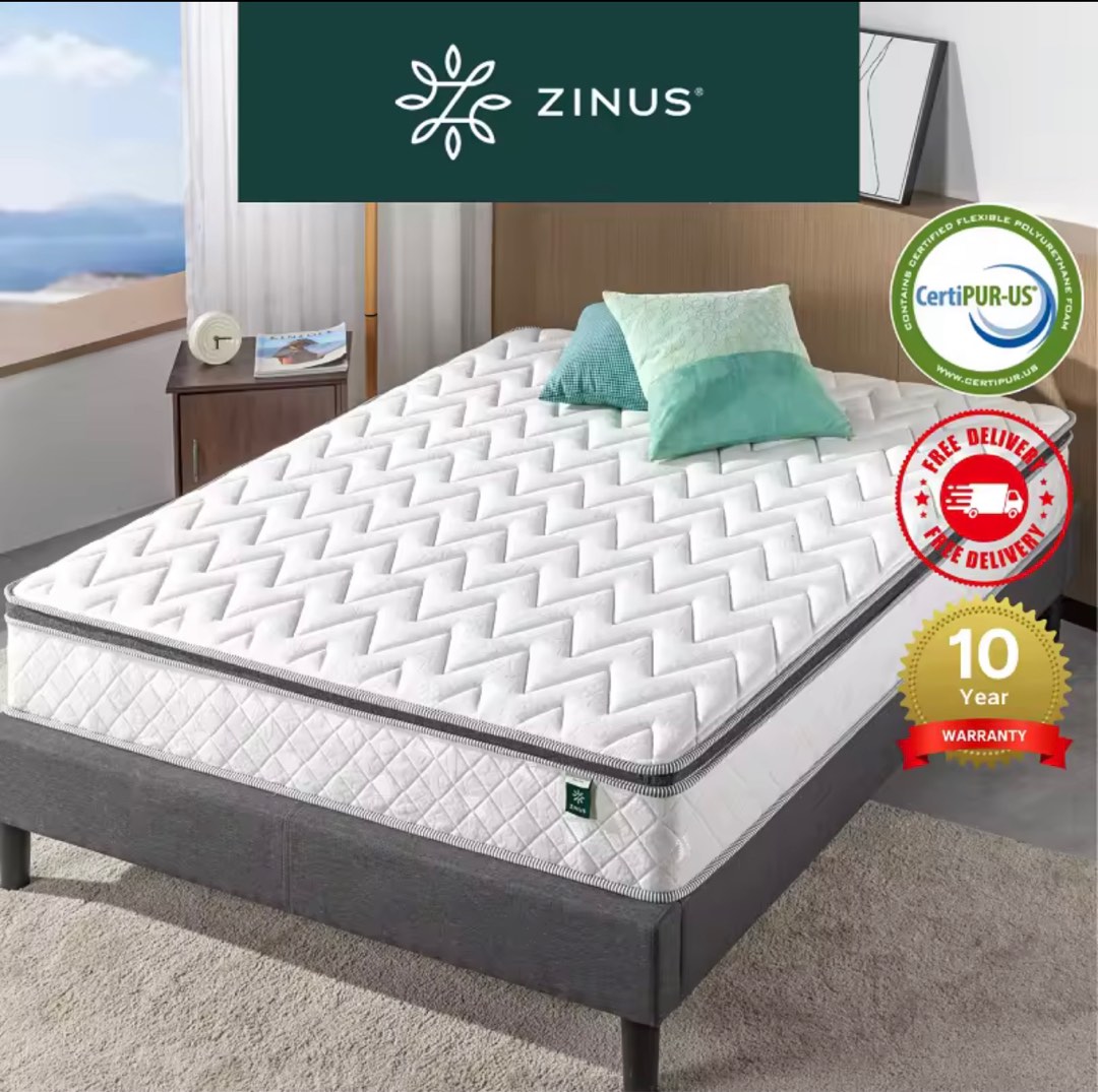 Zinus 25cm Euro top latex hybrid spring mattress 10in super single, Furniture & Home Living