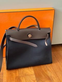hermes herbag 31cm (stamp z) blue izmir color with pouch bag, canvas &  hunter leather, silver hardware, with lock, keys & dust cover