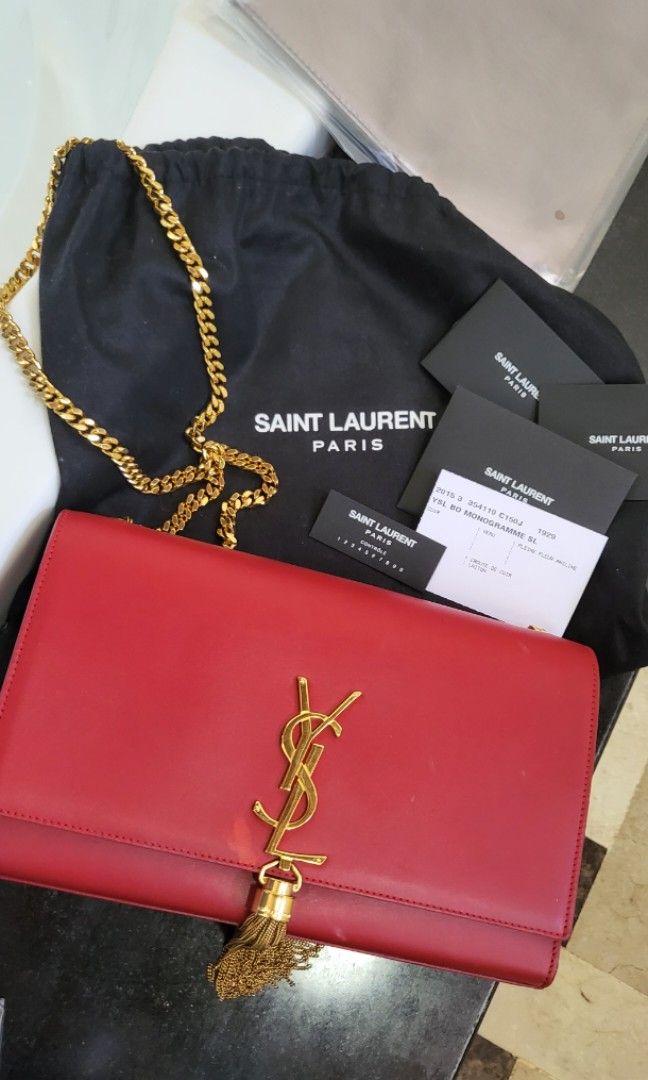 Saint Laurent Gold Embossed Leather Monogram Kate Tassel Clutch