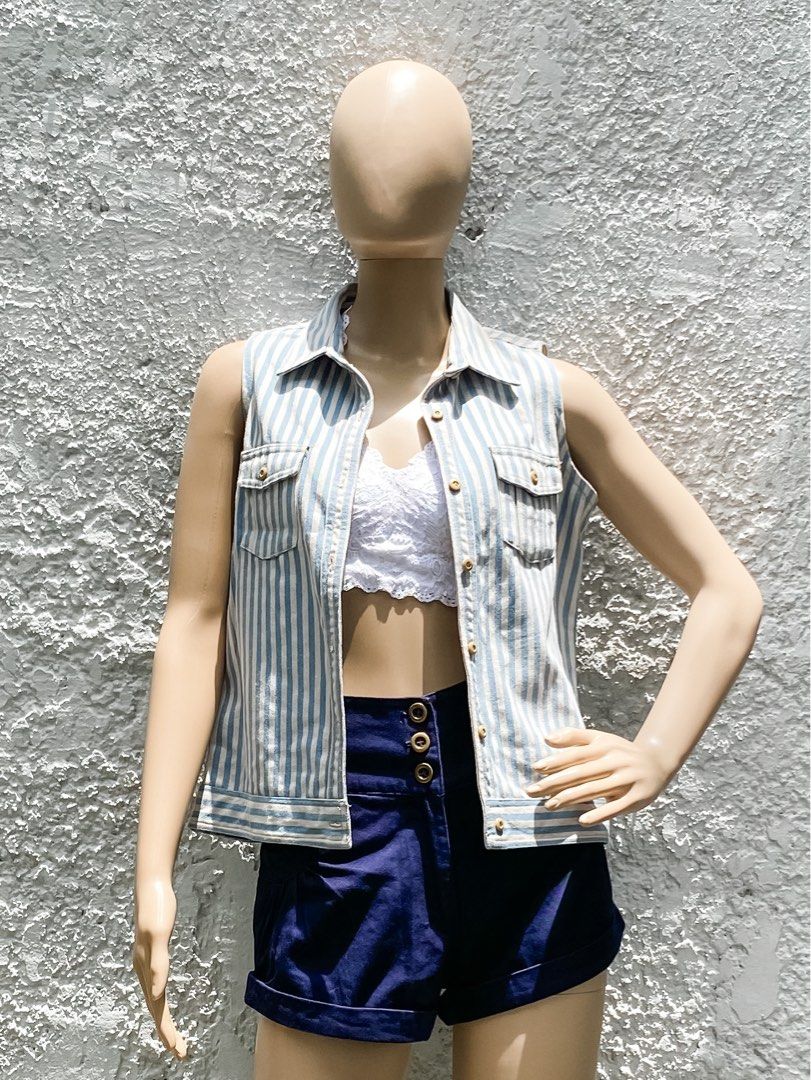 Button down top stripes blue and beige (Category: Sleeveless) located in Quezon City. Submitted by mommake (Listing ID 1225597722, Image 1). Description: - So cute as a beach cover up or as a top! - Good fit for sizes XS-S - Fit on mannequin is as is, no pins or clips at the back - Shipping c/of buyer, item can be shipped from QC, Ortigas, or Makati, can also ship via Flash Express, no Shopee checkout Mannequin’s dimensions (fitted/no underwear):