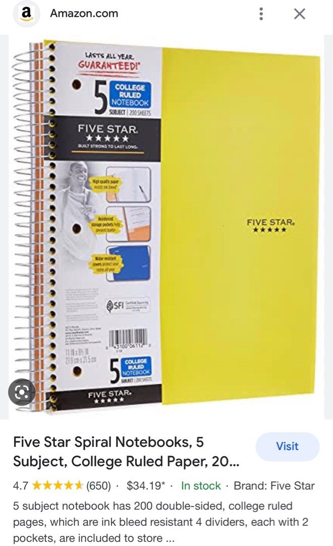 Five Star Notebook, College Ruled, 5 Subject