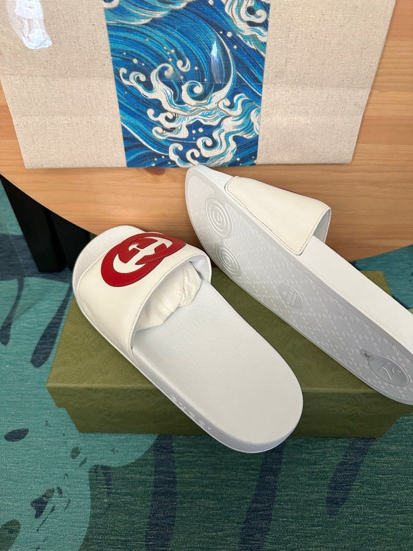 Gucci Slides Sandals White With Red Gucci GG Logo Brand New