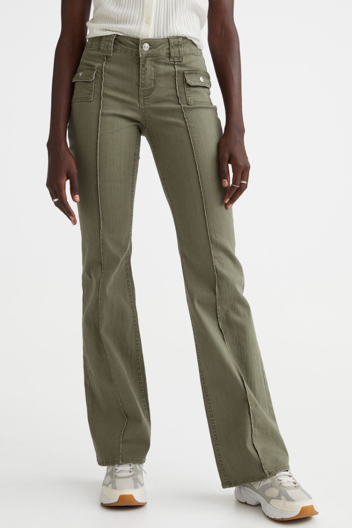 Olive Low Rise Cargo Flare Pants