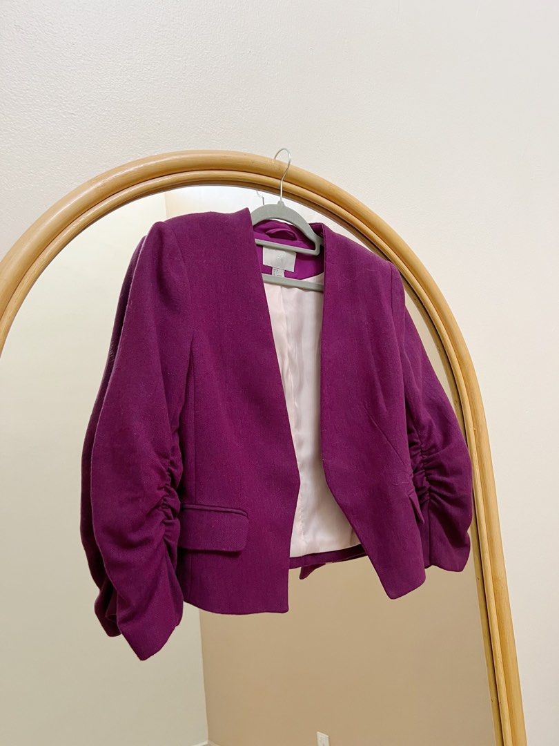 H M Purple tweet blazer jacket ruched sleeves EUR34 Women s