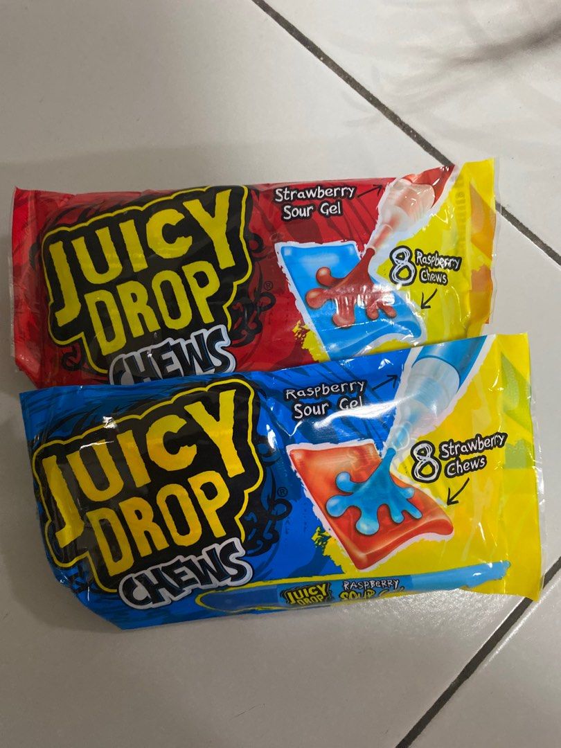 JUICY DROP CHEWS with raspberry sour gel and strawberry sour gel
