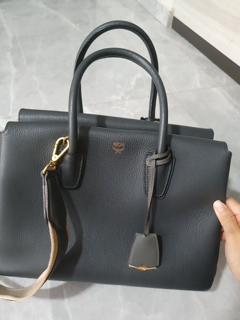 MCM medium tote bag with detachable strap in dark grey