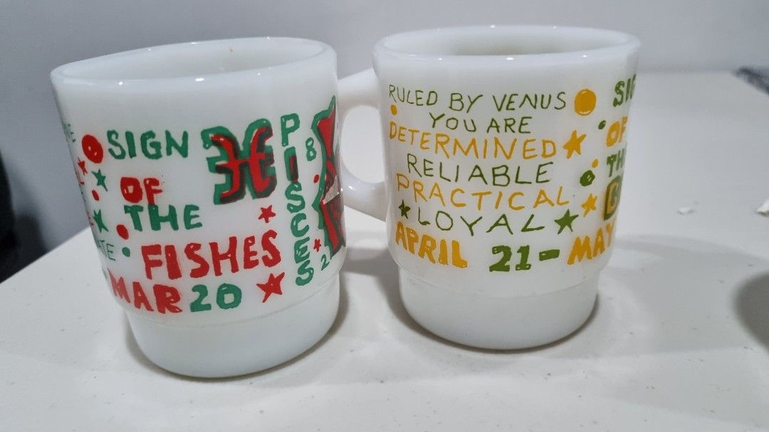 Original Fire King Japan Mug (Category: Other Kitchenware & Tableware) located in Quezon City. Submitted by ono11 (Listing ID 1225633660, Image 1). Description: 600 each authentic Fire King Mug from Japan 4 pcs zodiac Sign Design available design 1 virgo 1 Gemini 1 Taurus 1 capricorn.