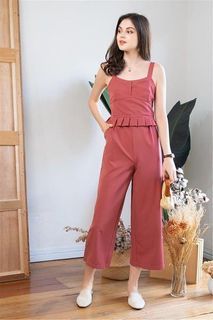 [S] Anti-clockwise Coral Congo Pink Ruffle Waist Jumpsuit