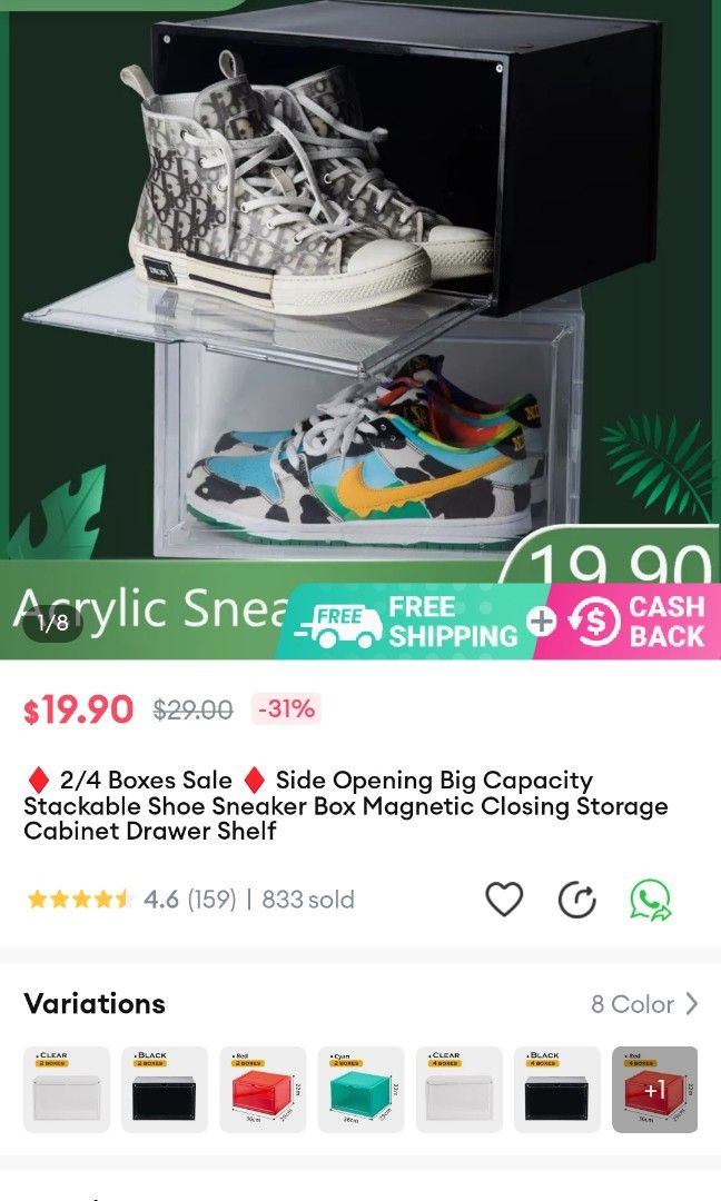 Stackable shoe box (Category: Other Home Decor) located in Singapore. Submitted by ynati (Listing ID 1225521747, Image 3). Description: one opened and fixed. But size not suitable, another brand new. buy 1 at $9, or both at $16.