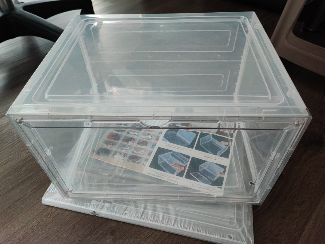 Stackable shoe box (Category: Other Home Decor) located in Singapore. Submitted by ynati (Listing ID 1225521747, Image 2). Description: one opened and fixed. But size not suitable, another brand new. buy 1 at $9, or both at $16.