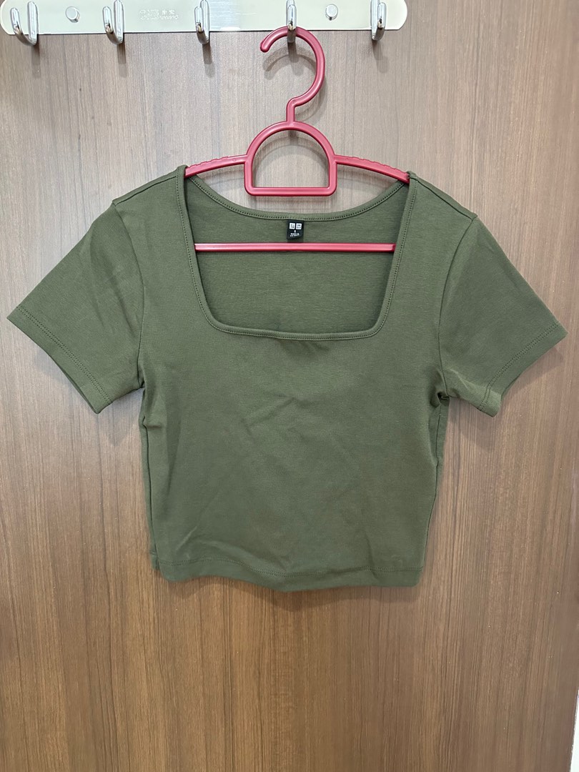 Women Green Rib Square Neck Top