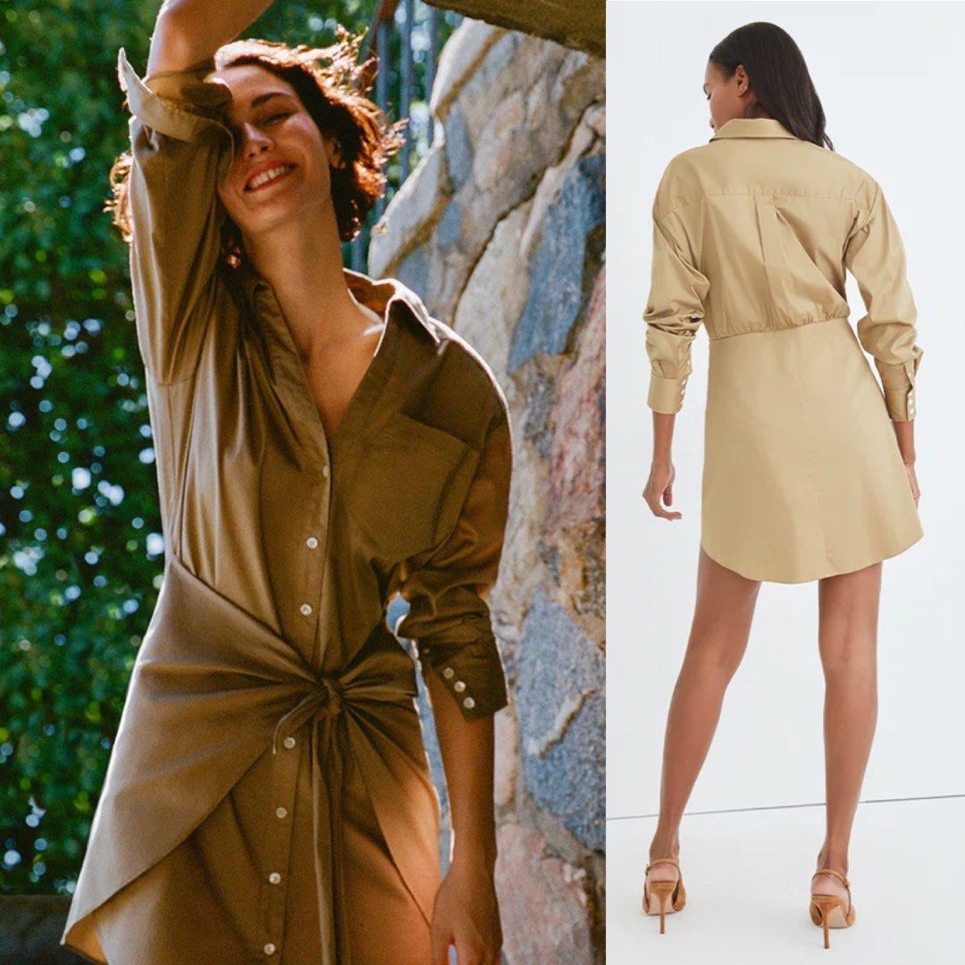 Veronica Beard Roanaoke Shirt Tie Waist Mini Dress in White Navy Lake Blue Deep Khaki