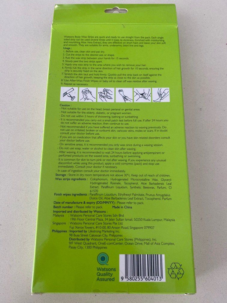 Watsons Body wax strips (aloe Vera extract), Beauty & Personal Care, Bath & Body, Hair Removal