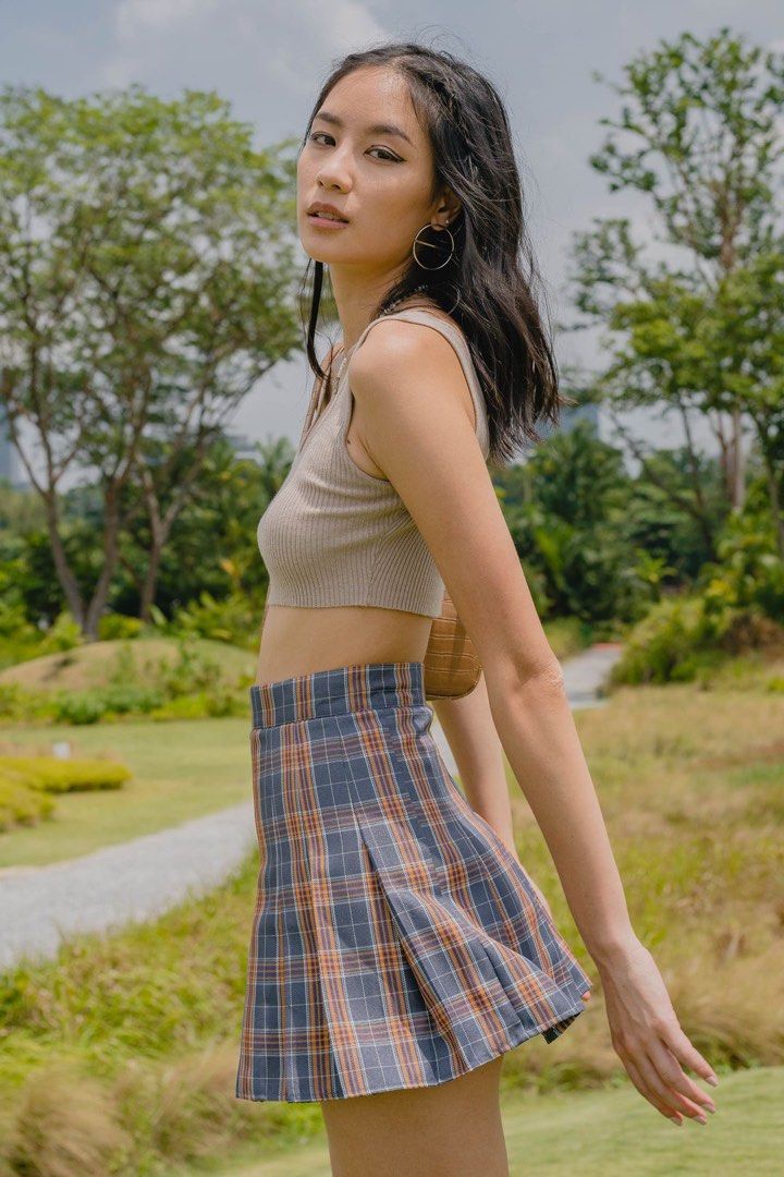 yhf 00 s plaid navy blue orange skirt pleated Women s Fashion
