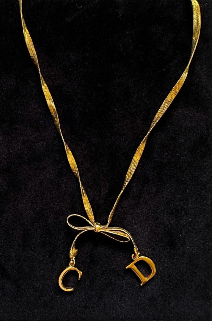 Authentic Vintage Christian Dior Gold CD Ribbon Bow Necklace