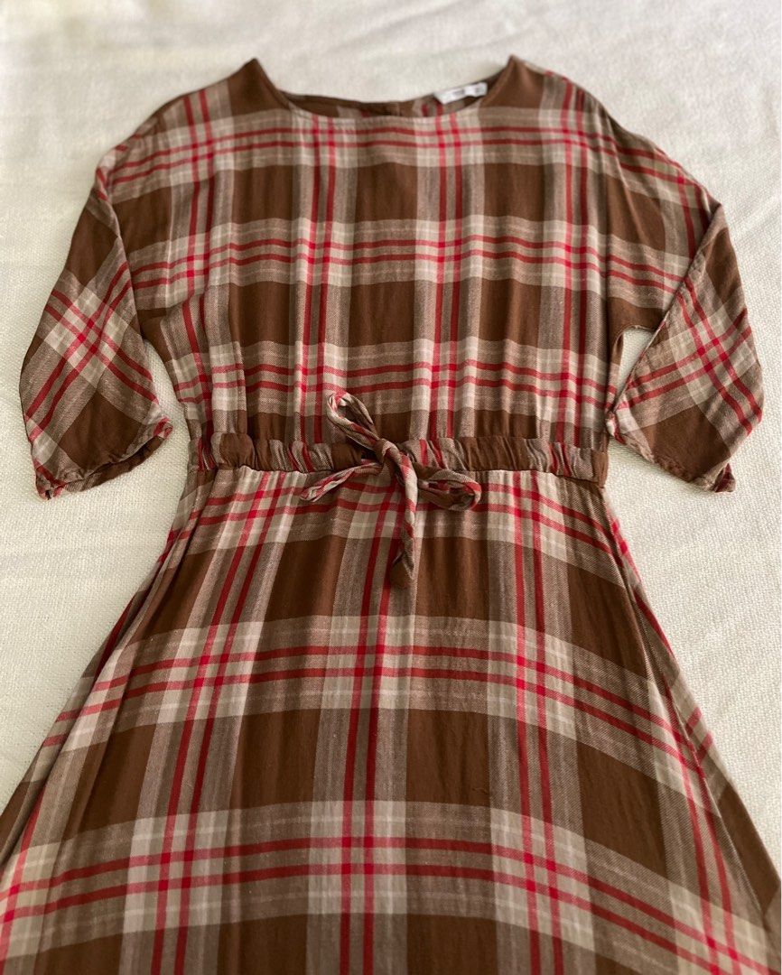 Brown and red plaid midi dress Women s Fashion Dresses Sets