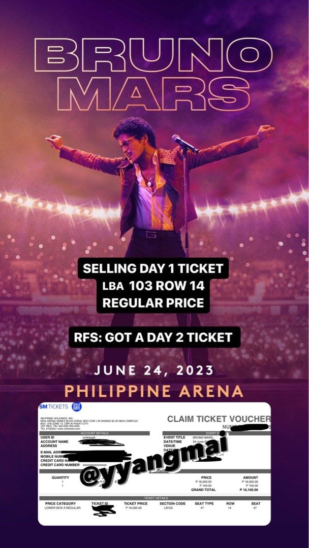 BRUNO MARS 2023 DAY 1 LBA REG 103 (Category: Events Tickets) located in Manila. Submitted by yinyangyooo (Listing ID 1229558050, Image 1). Description: .