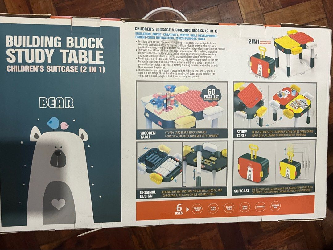 Building Block Study Table (Category: Kids Tables & Chairs) located in Muntinlupa City. Submitted by bianx555 (Listing ID 1229562787, Image 1). Description: Barely used 2 in 1 Building Block Study Table Retails at 2500 Blocks not included.