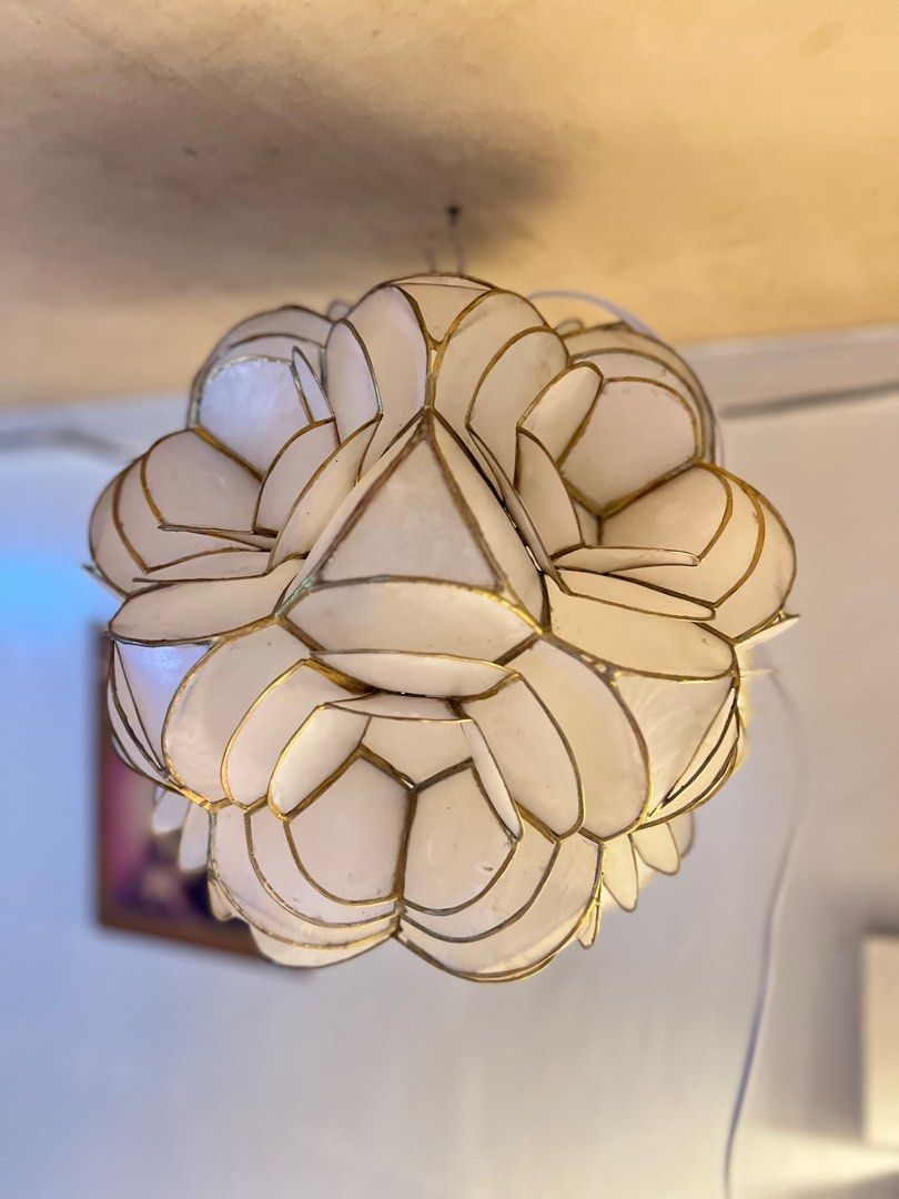 Capiz flower pendant light (Category: Lighting) located in Caloocan City. Submitted by casadisenyo (Listing ID 1229464498, Image 3). Description: READY TO SHIP ITEMS 2pcs available! Made from pure capiz Comes with ceiling base plate.