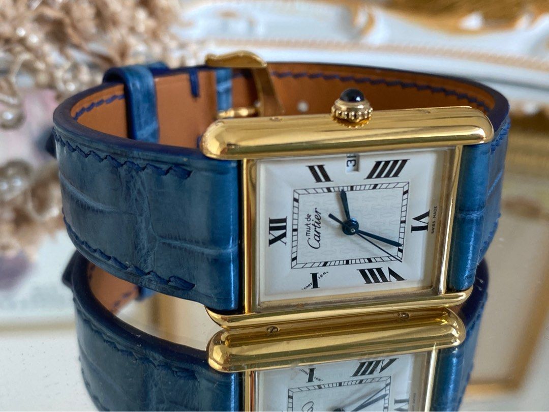 Cartier watch blue leather strap top