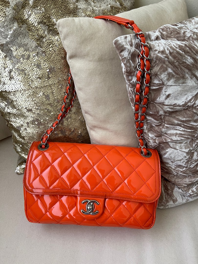 Chanel orange patent leather classic bag, Women's Fashion, Bags