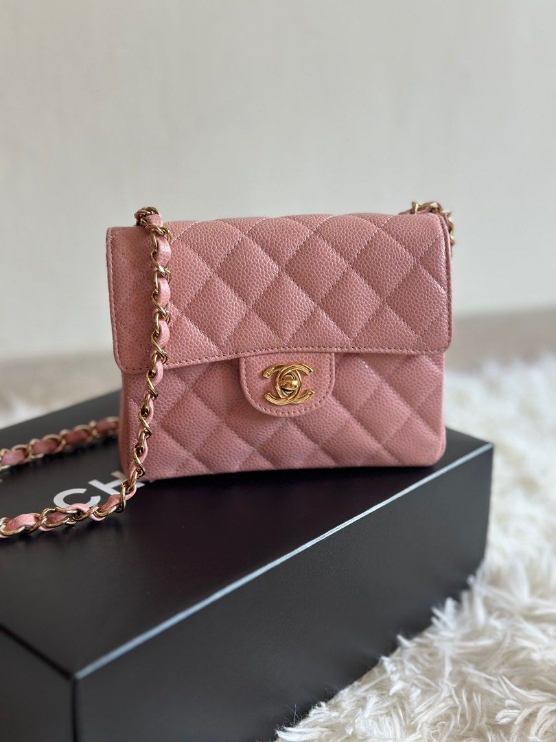 Chanel Vintage Caviar 17cm Sakura Pink Mini Square Flap Bag in 24k