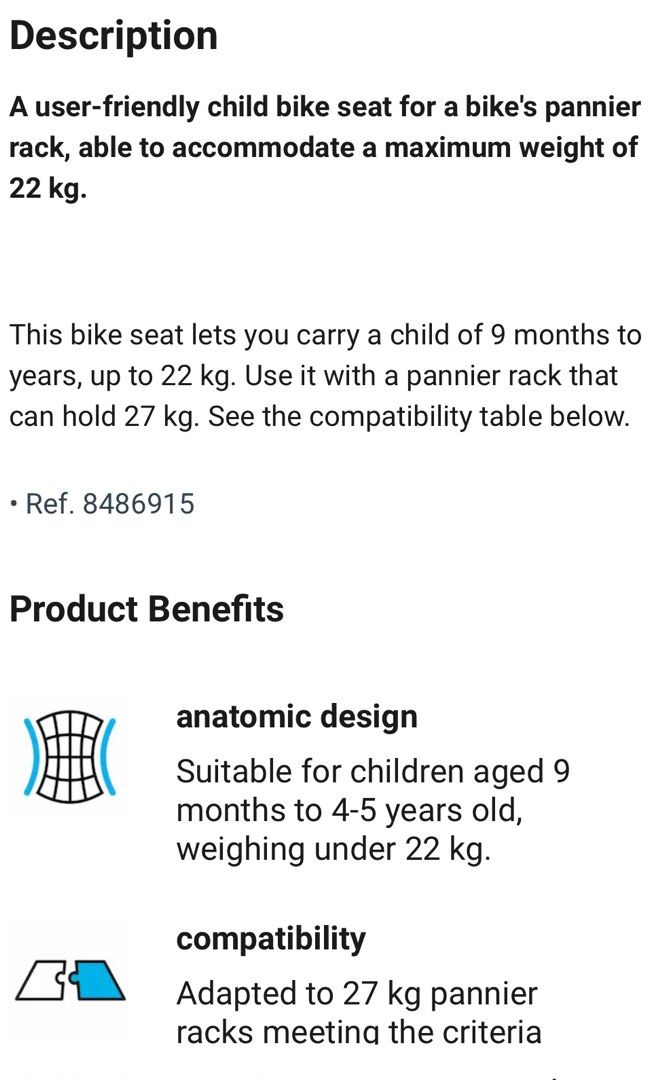 Child Bike Seat Decathlon BNWT, Babies & Kids, Going Out, Car Seats