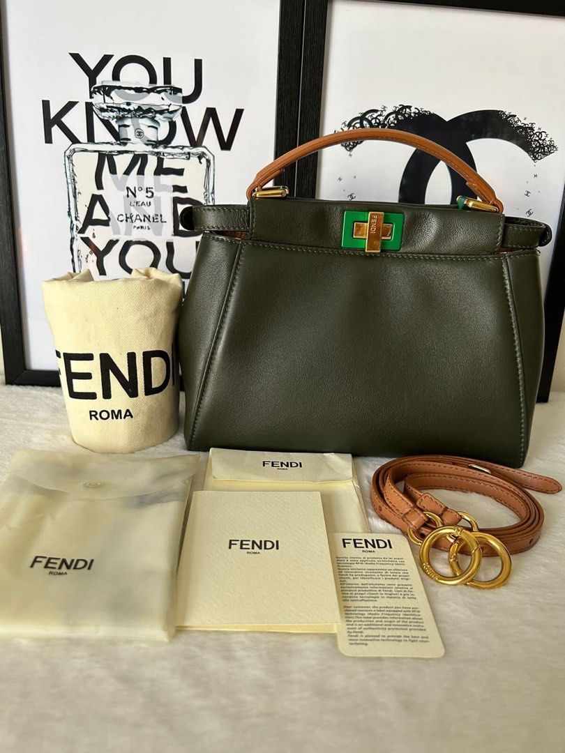 Fendi Mini Peekaboo Bag (Category: Luxury Bags & Wallets) located in Manila. Submitted by bagislifeshop (Listing ID 1229453054, Image 1). Description: ▪️Fendi Mini Peekaboo Bag▪️ ☑️Available in Manila ✅Condition: 8.5/10 ✅Material: Calf leather ✅Colour: Dark olive green in ghw ✅Inclusion: dustbag, cards, raincoat and strap .