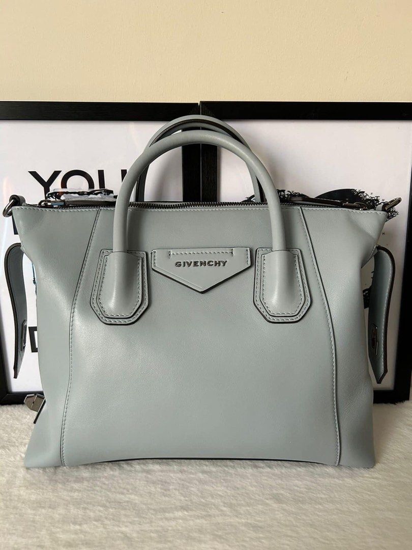 Givenchy Soft Leather Small Antigona Bag (Category: Luxury Bags & Wallets) located in Manila. Submitted by bagislifeshop (Listing ID 1229452910, Image 2). Description: ▪️Givenchy Soft Leather Small Antigona Bag▪️ ☑️Available in Pampanga ✅Condition: 8.8/10 ✅Material: Soft calf leather ✅Colour: Ice blue in gunmetal hardware ✅Inclusion: dustbag, long strap, tag and booklet .